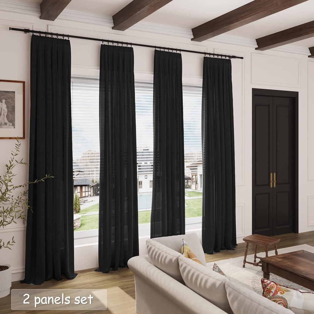 Black Semi Sheer Linen Curtains 72 inch Length Back Tab Rod Pocket Modern Farmhouse Coastal Decor Cotton Textured