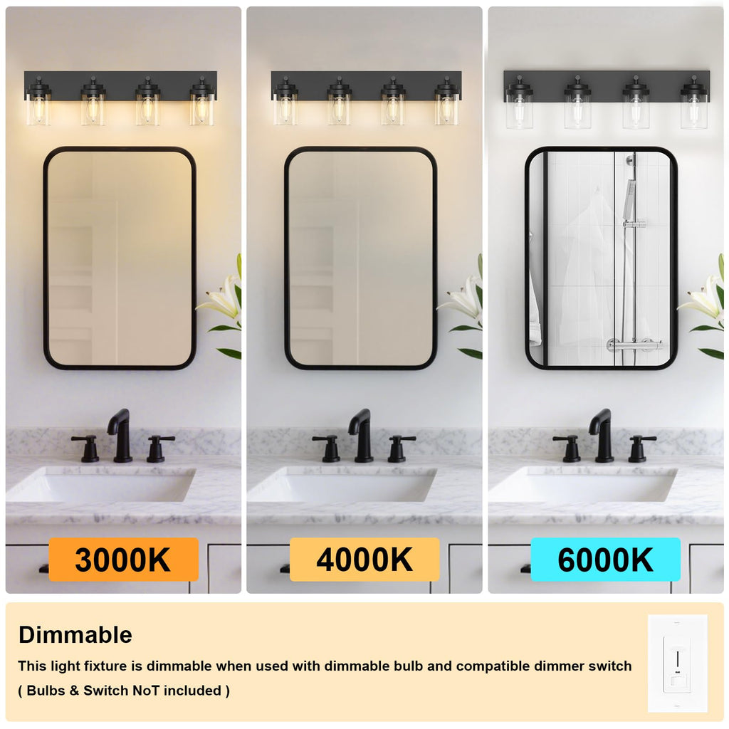 Bathroom Vanity Light Fixture, 4-Light 30 Inch Matte Black Bathroom Light Fixtures Over Mirror, with Clear Glass