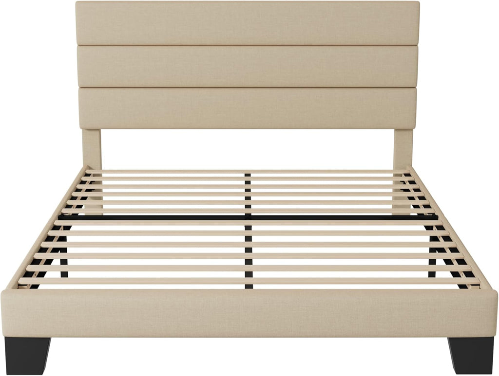 Queen Platform Bed Frame with Fabric Upholstered Headboard and Wooden Slats Support