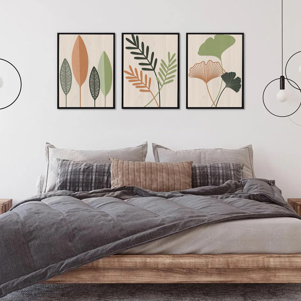 Framed Botanical Wall Art Leaf Art Pieces Zen Canvas Wall Art Set of 3(12"X16") Boho Bedroom Wall Decor Sage Green