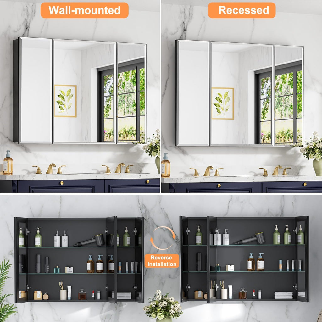 36x30 Inch Medicine Cabinet with Mirror, Aluminum Medicine Cabinet, Black | Beveled Edge Mirror Single Door