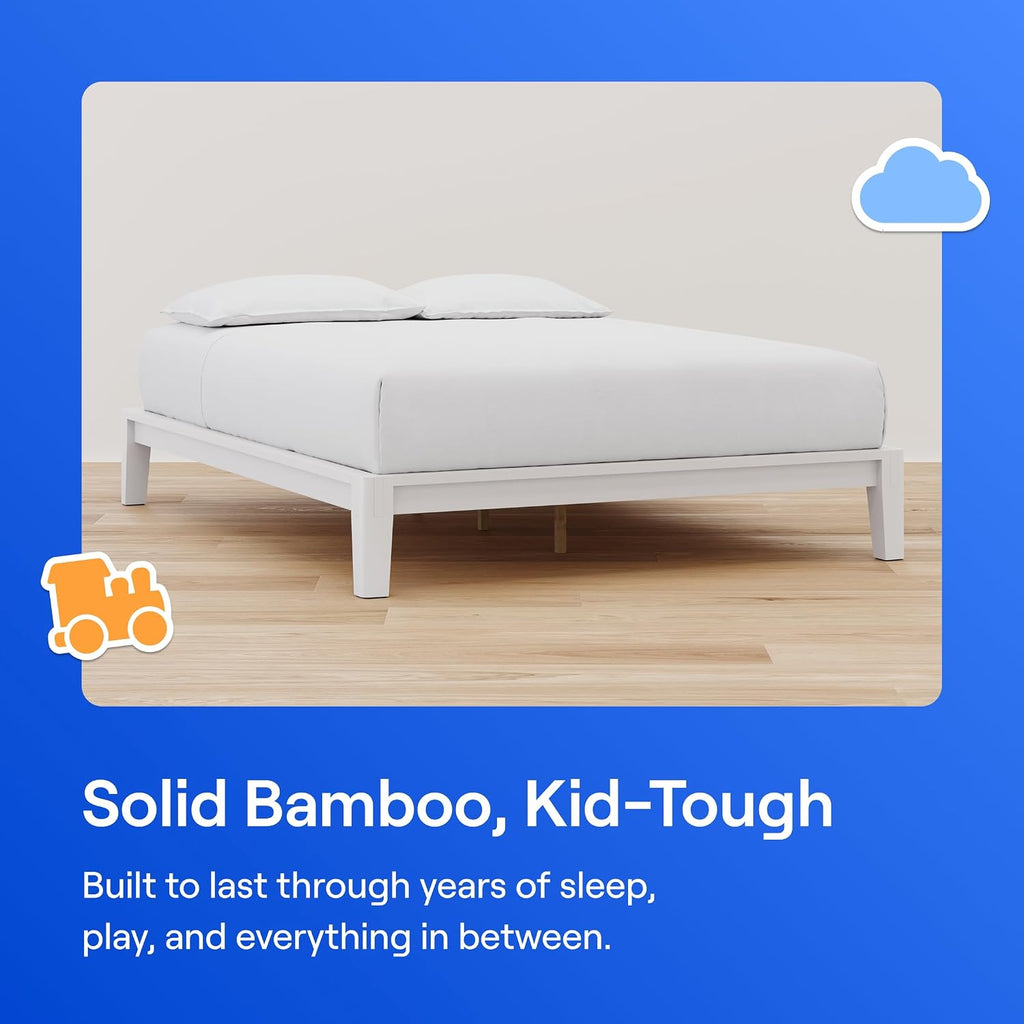 Kids Bamboo Platform Bed Frame, Twin, White, 12" Height, Tool-Free