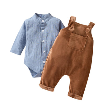 Baby Boys Overalls Linen Clothes 2PCS Set Infant Gentleman Outfits Set Baby Haze Blue Bodysuit Romper Tops and Ribbed