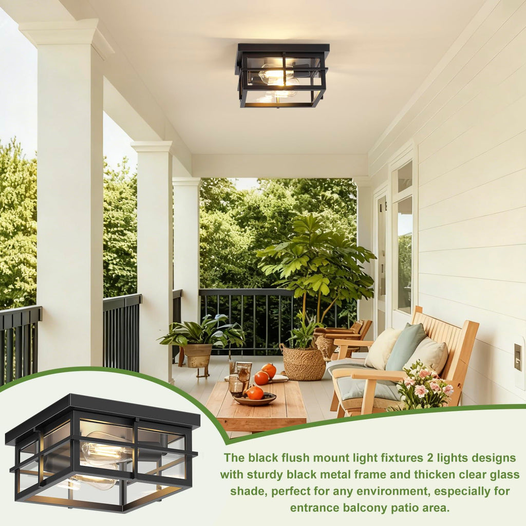 2-Light Black Flush Mount Ceiling Light, Farmhouse Kitchen Lighting Fixtures with Clear Glass, Outdoor Porch Lights