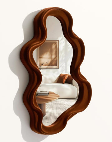 Retro Wavy Mirror Wall Decor , 16x12 Asymmetrical Wall Mounted Mirror for Girly Bedroom Decoration, Velvet Touch