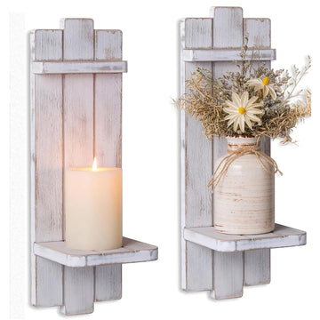 Whitewashed Wood Candle Sconces Wall Decor Set of 2