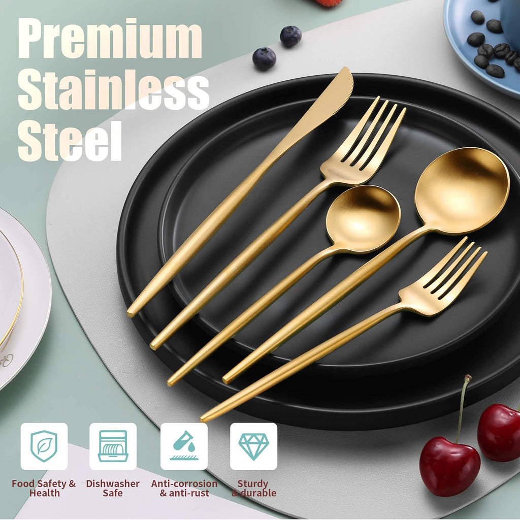 Matte Gold Silverware Set for 8,Modern Stainless Steel Brushed Cutlery Set,40-Pieces Heavy Duty Flatware Set