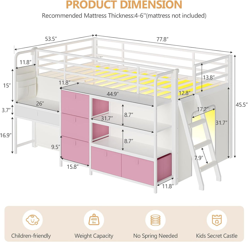 Low Loft Bed with Desk and 6 Storage Drawers Twin Loft Bed with Bookshelf,LED Lights & Under-Bed Play Space,Kids Twin