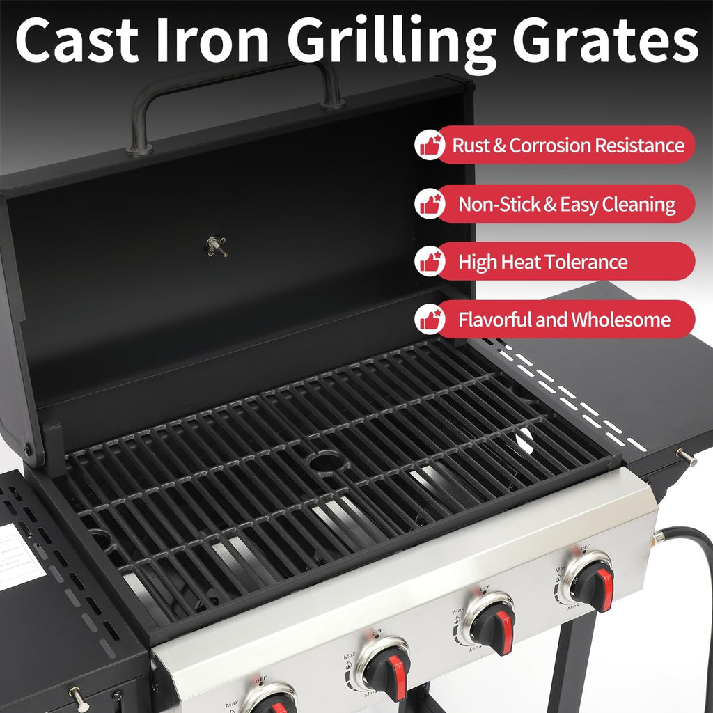 4-Burner Propane Gas Grill, 40,000 BTU BBQ Grill with Cast Iron Grates, 302 Sq. In. Cooking Area and Foldable Side Tables