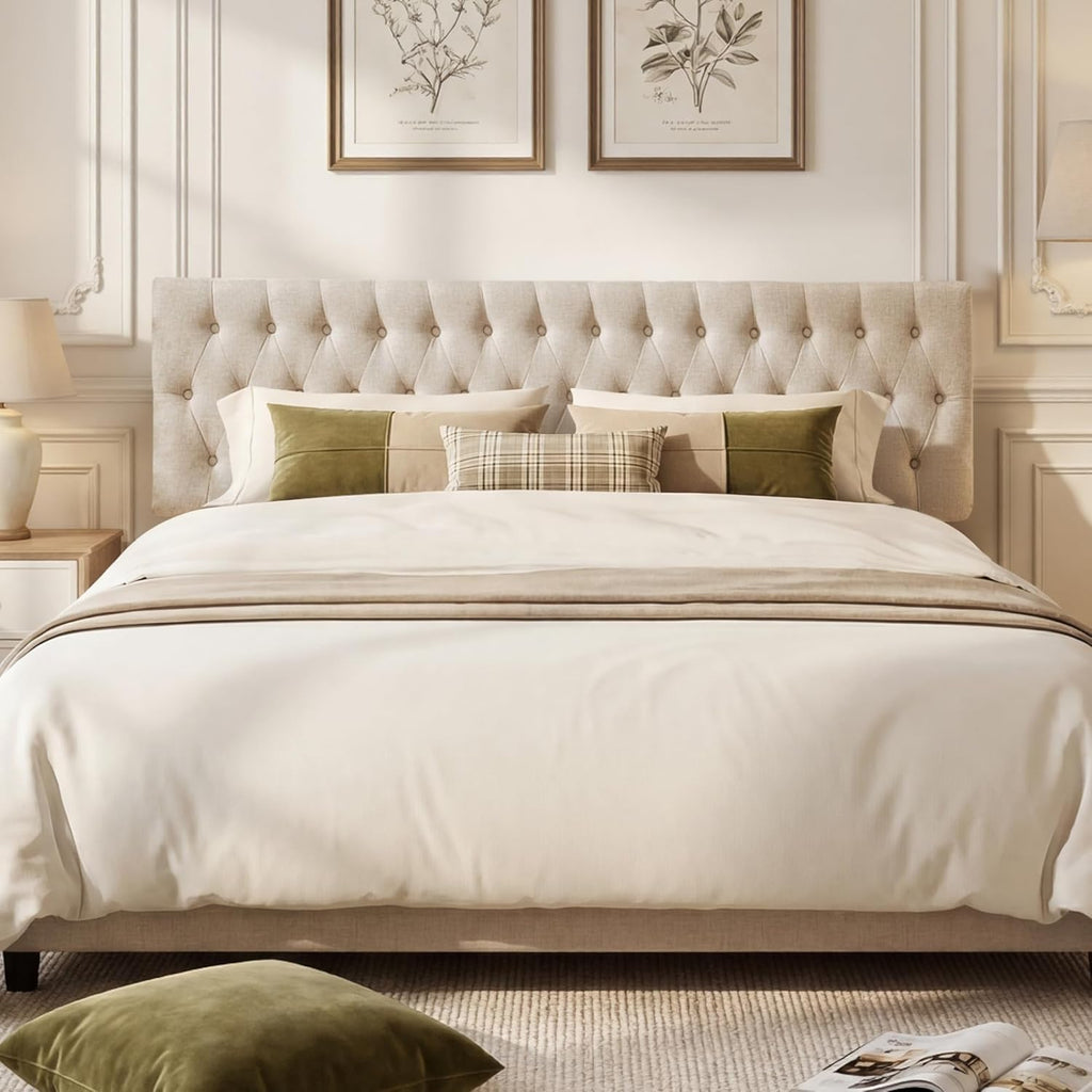 Tufted Upholstered Queen Bed Headboard in Modern Button Design, Adjustable Solid Wood Head Board, Premium Linen