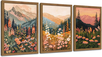 Boho Colorful Landscape wall art Wildflower Mountain Wall Decor Vintage Floral Forest Paintings Rustic Nature