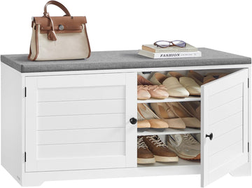 Shoe Storage Bench with Cushion, 3-Tier Entryway Bench with Padded Seat, Doors, Adjustable Shelves, 14 x 39.8 x 20.7