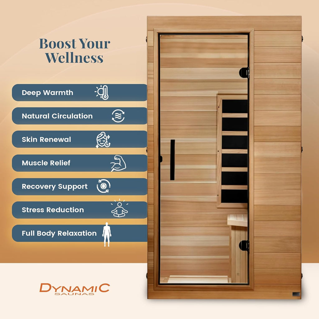 DYNAMIC SAUNAS Elite 1 Person Compact Ultra Low EMF FAR Infrared Sauna with Red Light Therapy & Bluetooth Speakers