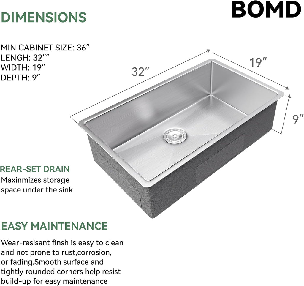 Kitchen Sink 32 Inch Undermount Stainless Steel, 16 Gauge 304 Workstation Sink,Deep Large Capacity Easy Clean Sink,32