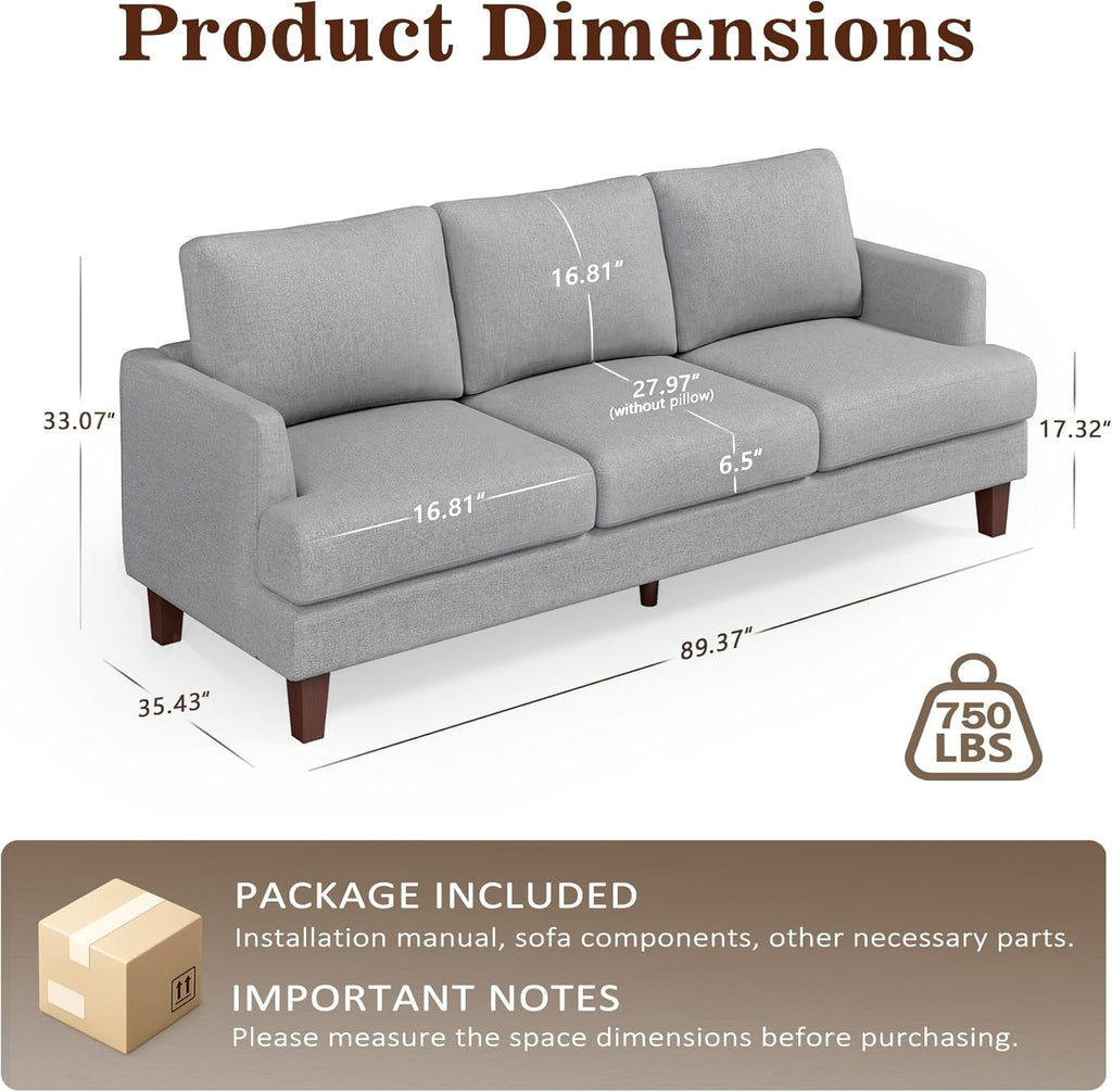 Mid Century Modern Couches , 89" Comfy Grey Couch Sofa with 3-Seater Deep Seats, Upholstered Sofas Apartment