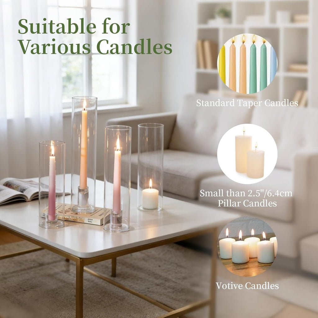 Hurricane Candlestick Holders: 12 Pcs Glass Taper with Cylinder - Set of 12