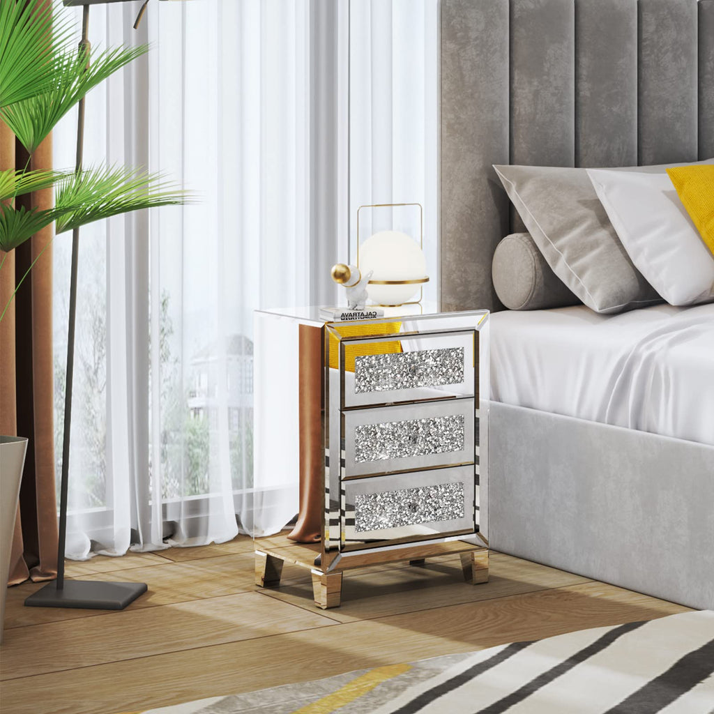 Mirrored Nightstand with 3 Drawers Modern End Table Bed Side Table with Mirrored Finish, 17.72-inch W x 13.78-inch D
