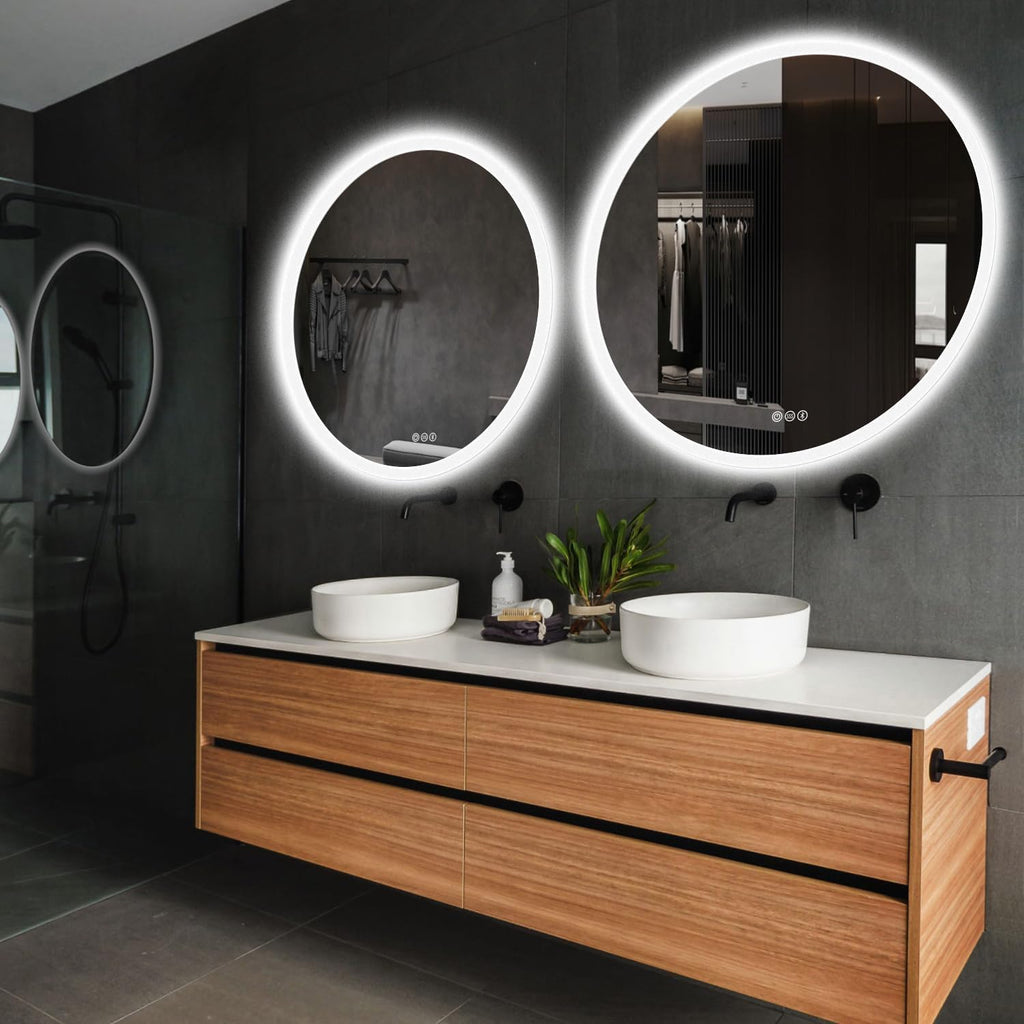 S·BAGNO 36’’ Round LED Bathroom Mirror with Lights, Backlit and Front Lighted, Anti-Fog Wall-Mounted Vanity