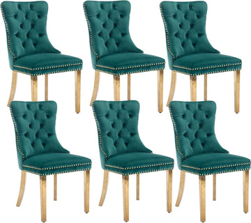 Velvet Dining Chairs Set of 6, Upholstered Dining Room Chairs with Back Ring Pull Trim and Golden Stainless Steel
