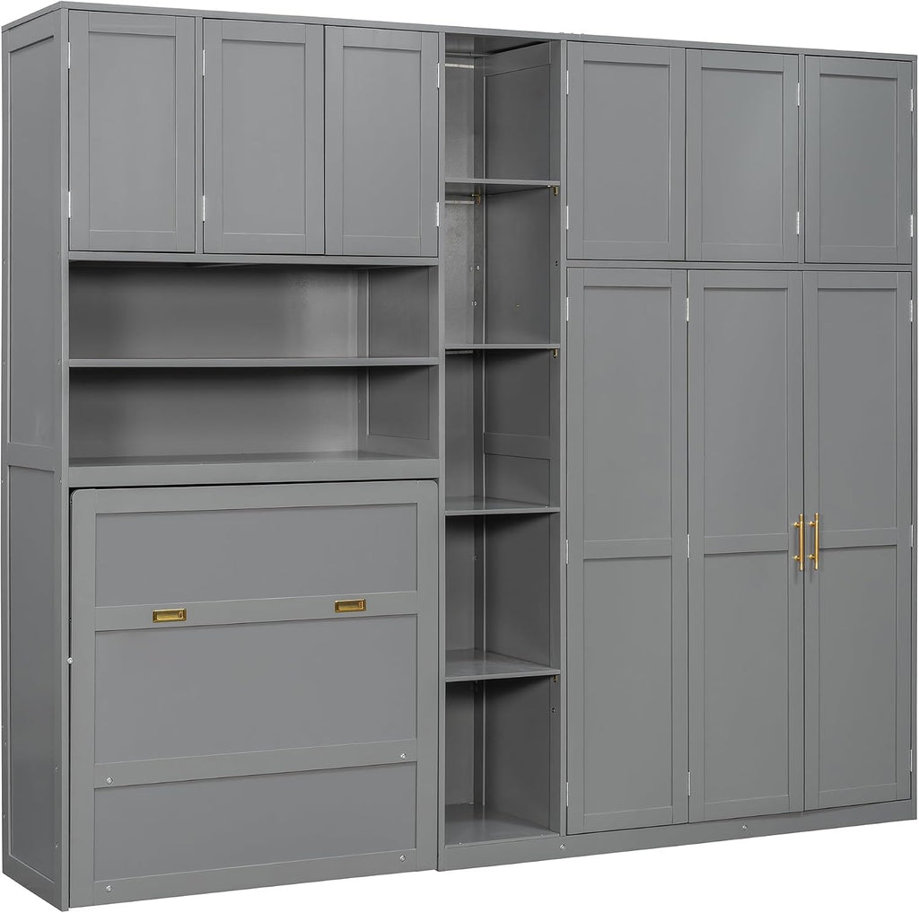 Twin Murphy Bed with Storage & LED Lights, Foldable Wall Bed Cabinet with Shelves, Cabinet & Wardrobe, Space-Saving