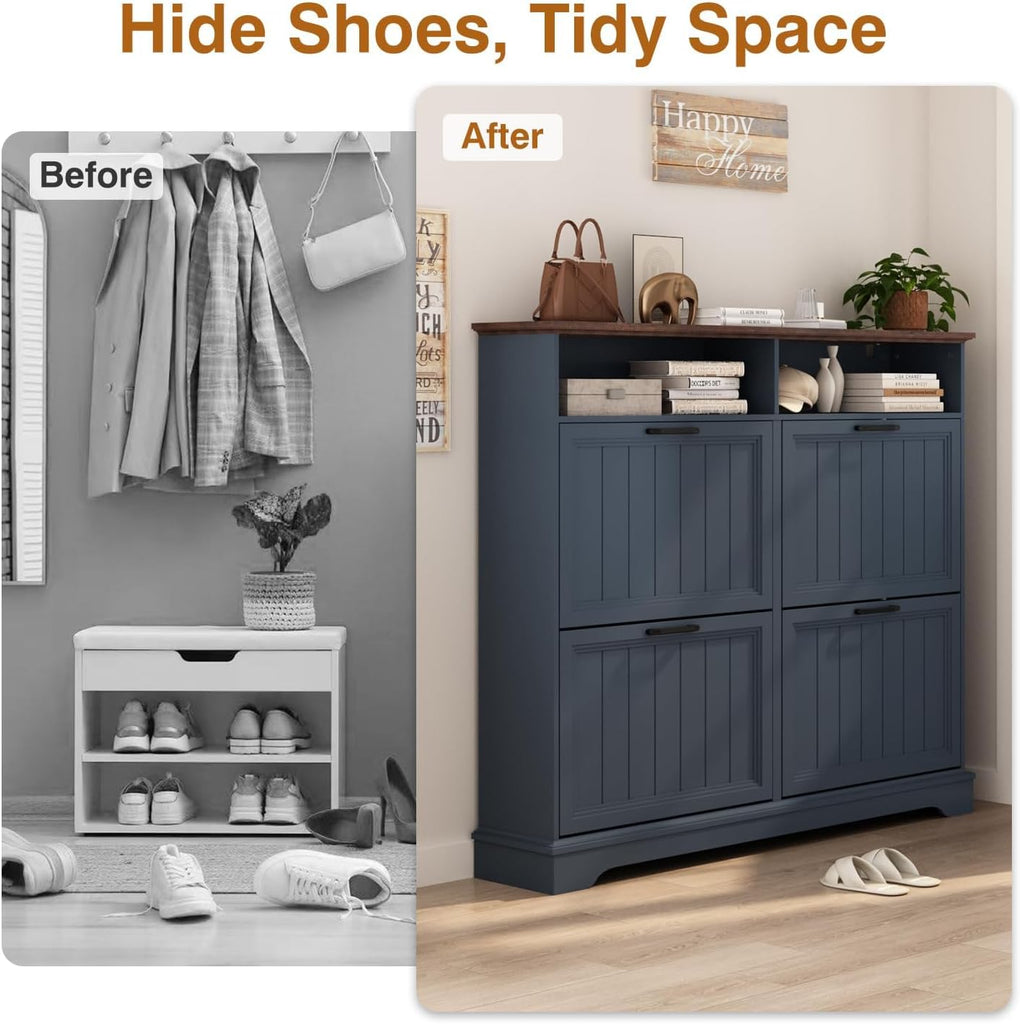 Shoe Storage Cabinet with 4 Flip Drawers, Farmhouse Modern Hidden Shoes Rack Cabinet with Adjustable Shelves & Open
