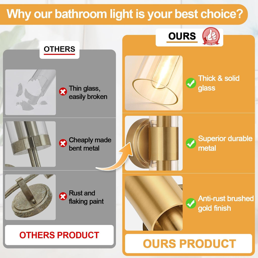 Wall Sconces Set of Two, Brushed Gold Bathroom Sconces Wall Lighting with Clear Glass, Hardwired Modern Sconces Wall
