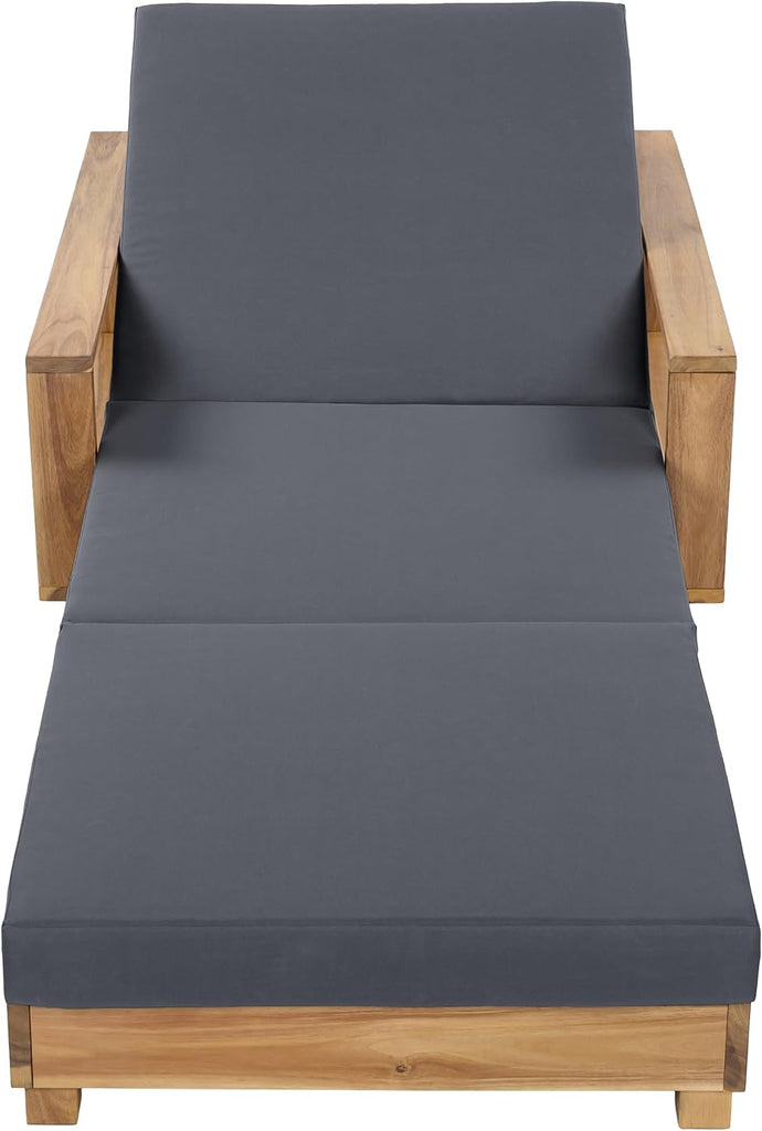 Wood Chaise Lounge with 4 Triple-Fold Cushion, Dark Gray | Outdoor Chaise Lounge, Acacia Wood Patio Recliner With 4