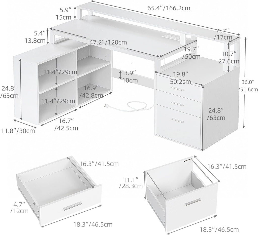 L Shaped Desk with Drawers, 65" Computer Desk with Power Outlets & LED Lights