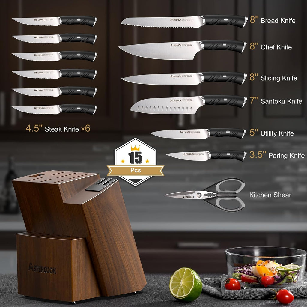 Knife Set, Kitchen Knives Set with Block and Dual Sharpener Full Tang 15 Pcs German Stainless Steel Knives Sharp