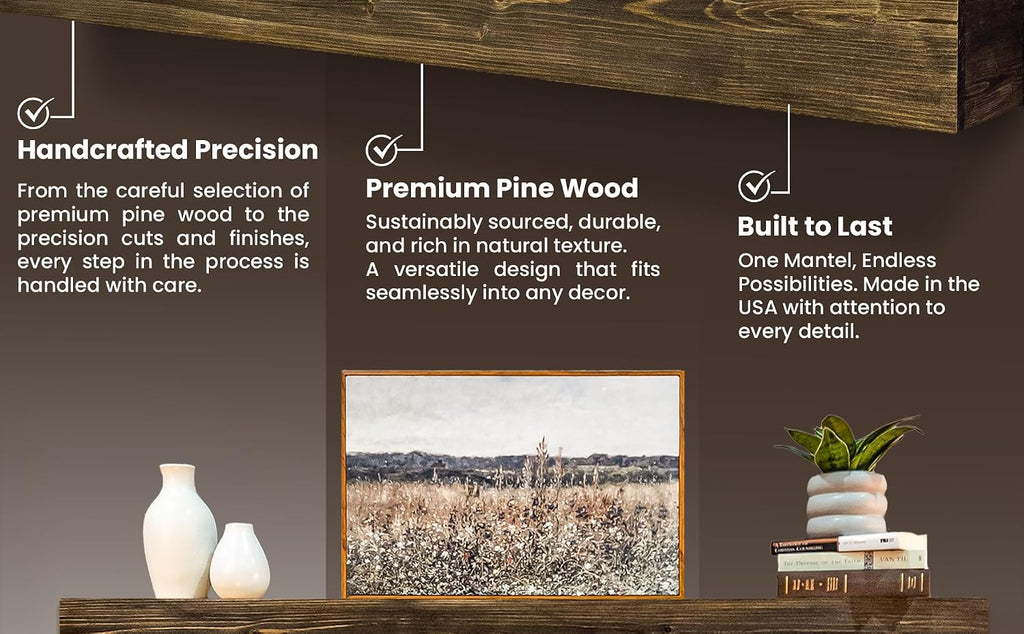 USA Made Real Wood - Handcrafted Farmhouse Wall Mounted for Over Fireplace Floating Shelf Mantle (Rustic, 60X8X5 Inch