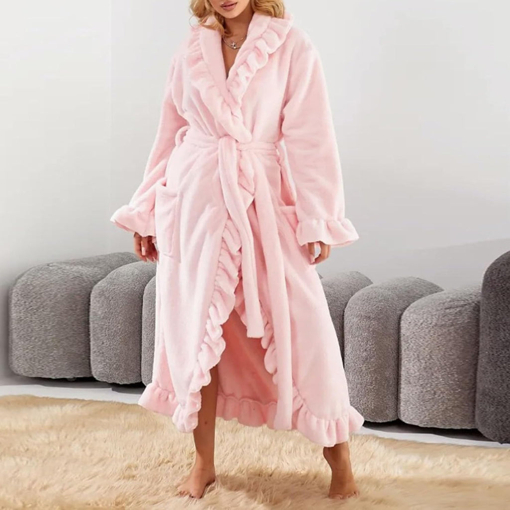 Women Ruffle Long Robes Warm Plush Bathrobes Soft Fleece Kimono Bath Robe Winter Lounge Housecoat with Pocket