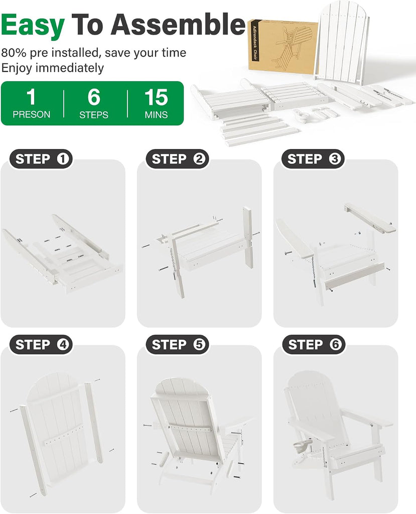 Adirondack Chairs with Footrest, HDPE Adirondack Chair, White | Folding Adirondack Chair, Adjustable Backrest