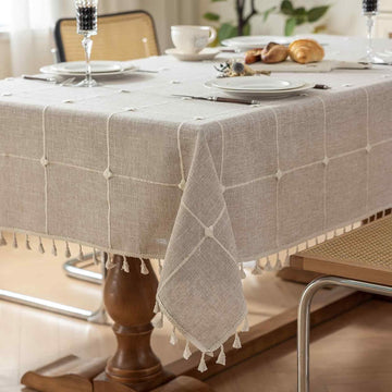 Rectangle Tablecloth Boho Grid with Tassels 55 x 84 Inch, Light Tan Embroidered Table Cloth Cover Heavy Weight Linen