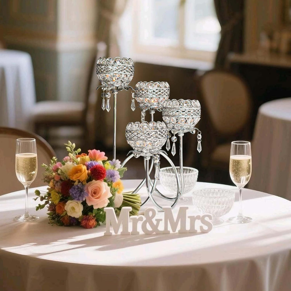 4 Arms Crystal Candelabra Tealight Holder - Tall 15.7 Inch Elegant Centerpiece with Crystal Pendant Bowls & Artistic