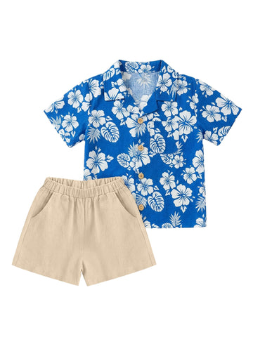 Todller Baby Boy Summer Clothes Color Block Short Sleeve Button Down Shirt Floral Tops Cotton Pants Outfit Set Blue