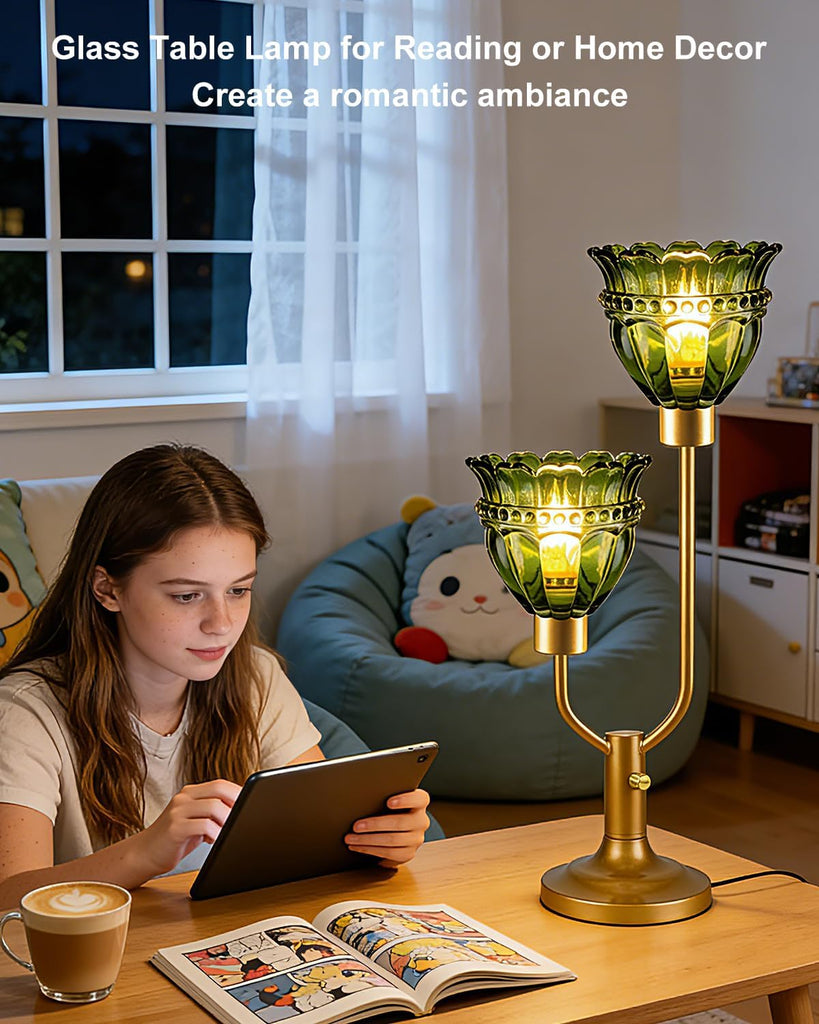 Mid Century Modern Glass Green Table Lamp 2-Light Gold Dimmable Desk Lamps with Crown Glass Shade & 3000K Warmwhite