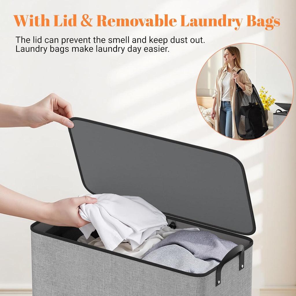 136L 2 Section Laundry Hamper with Lid, Laundry Basket, Gray | Large Laundry Hampers with Reinforced Handles &