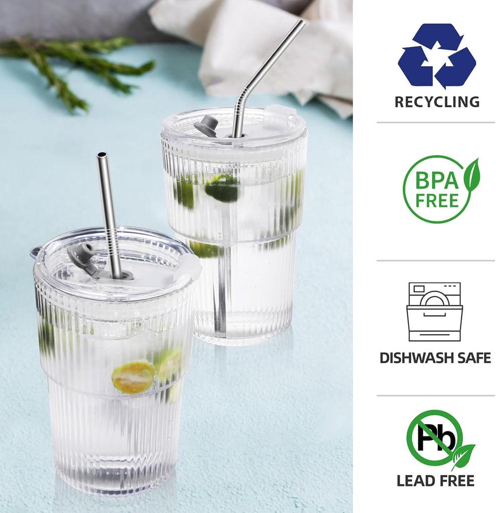 16 OZ Iced Coffee Cups with Lids and Straws Set of 4, Unbreakable Plastic Drinking Glasses Reusable Iced Coffee Glass
