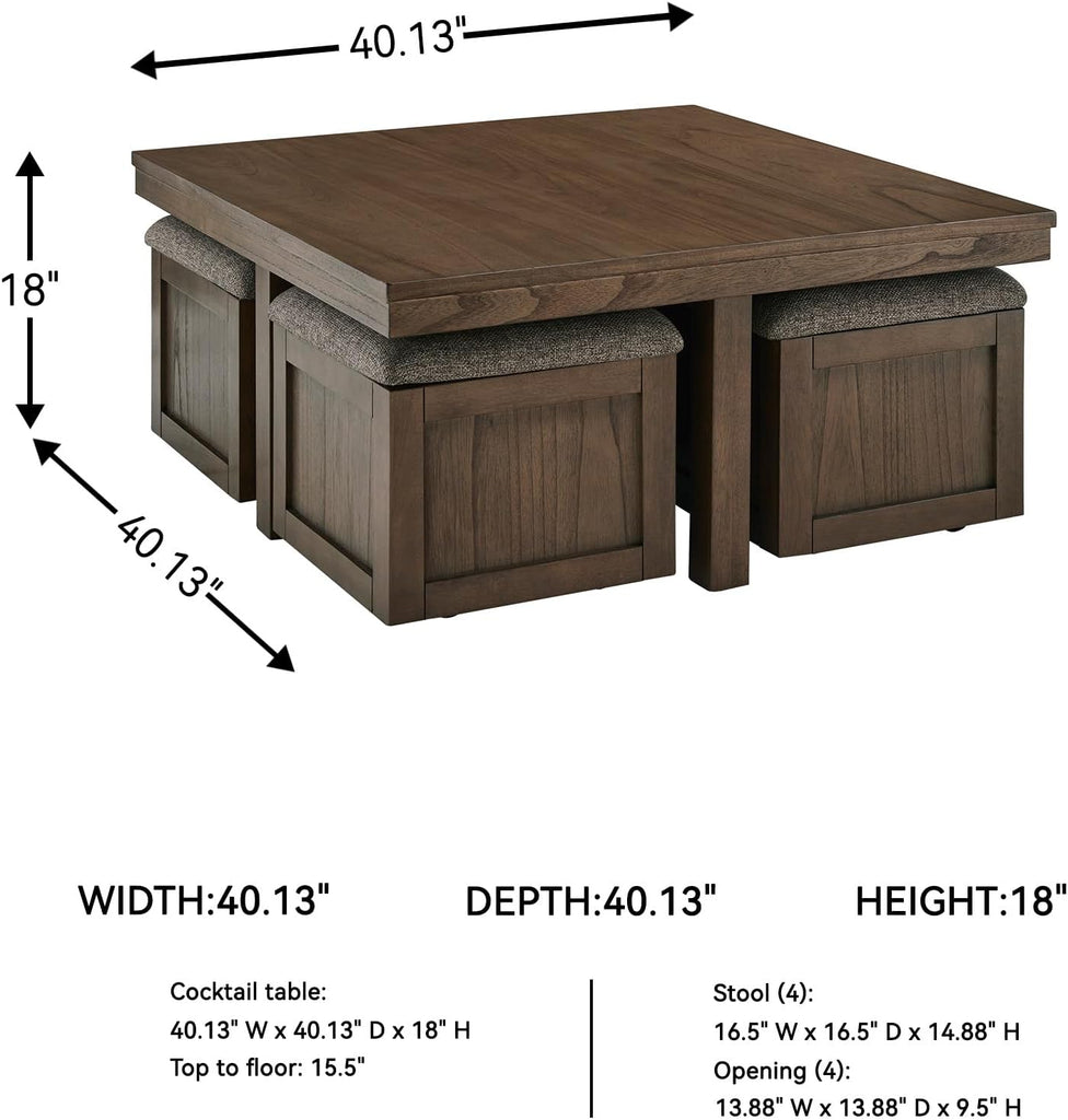 Boardernest Casual Coffee Table with 4 Storage Stools, Dark Brown
