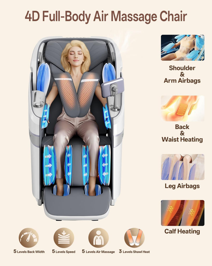 4D Massage Chair Full Body, Zero Gravity Shiatsu, Body Scan, White | 23 Modes Shiatsu Massage Chair Built-in Heat
