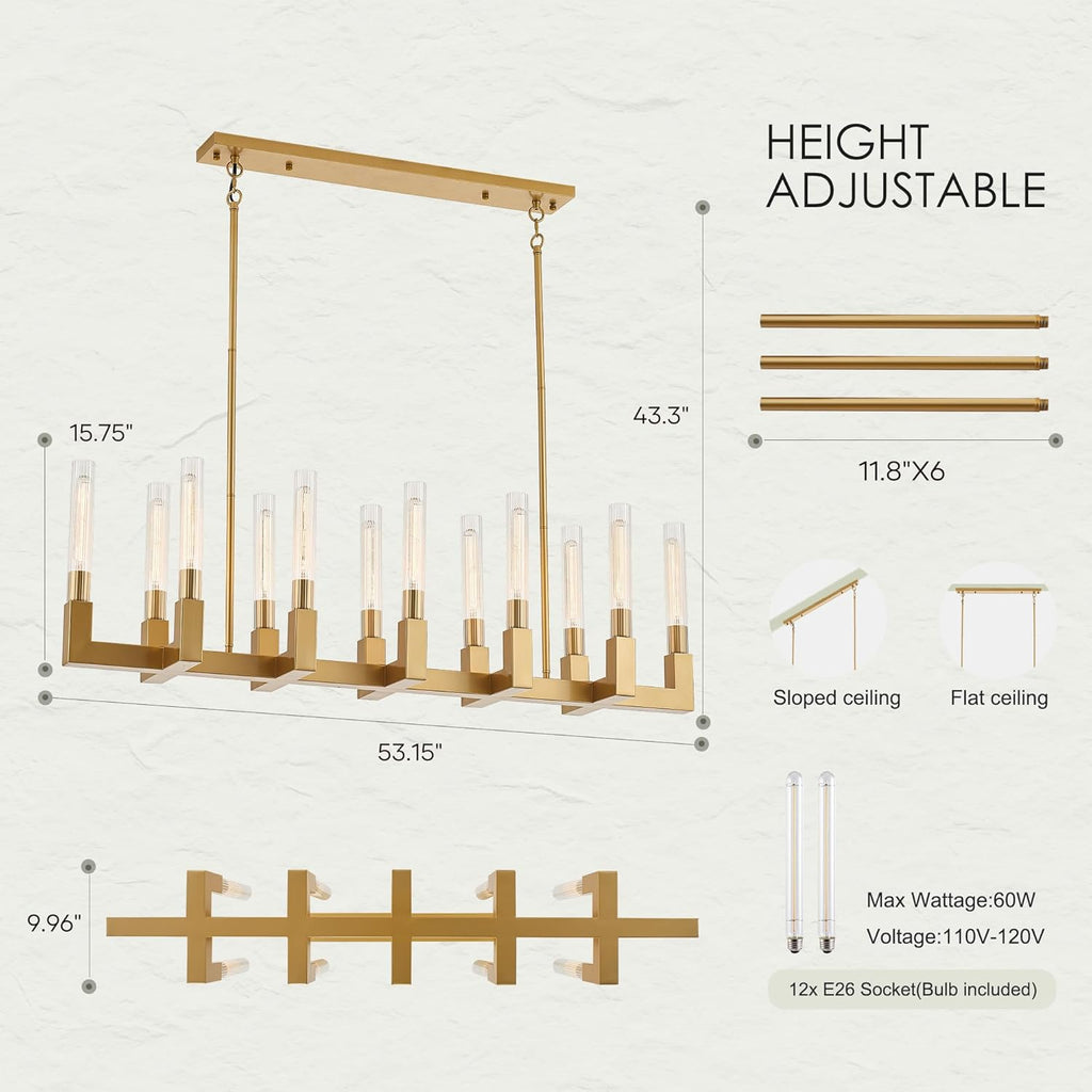 Inspired Cannele Style 54-inch Linear Dining Room Pendant Light Fixture with Glass Tube,Gold Rectangular 12-Lights Industrial Kitchen Island Lighting Over Table(Included E26 Bulbs)