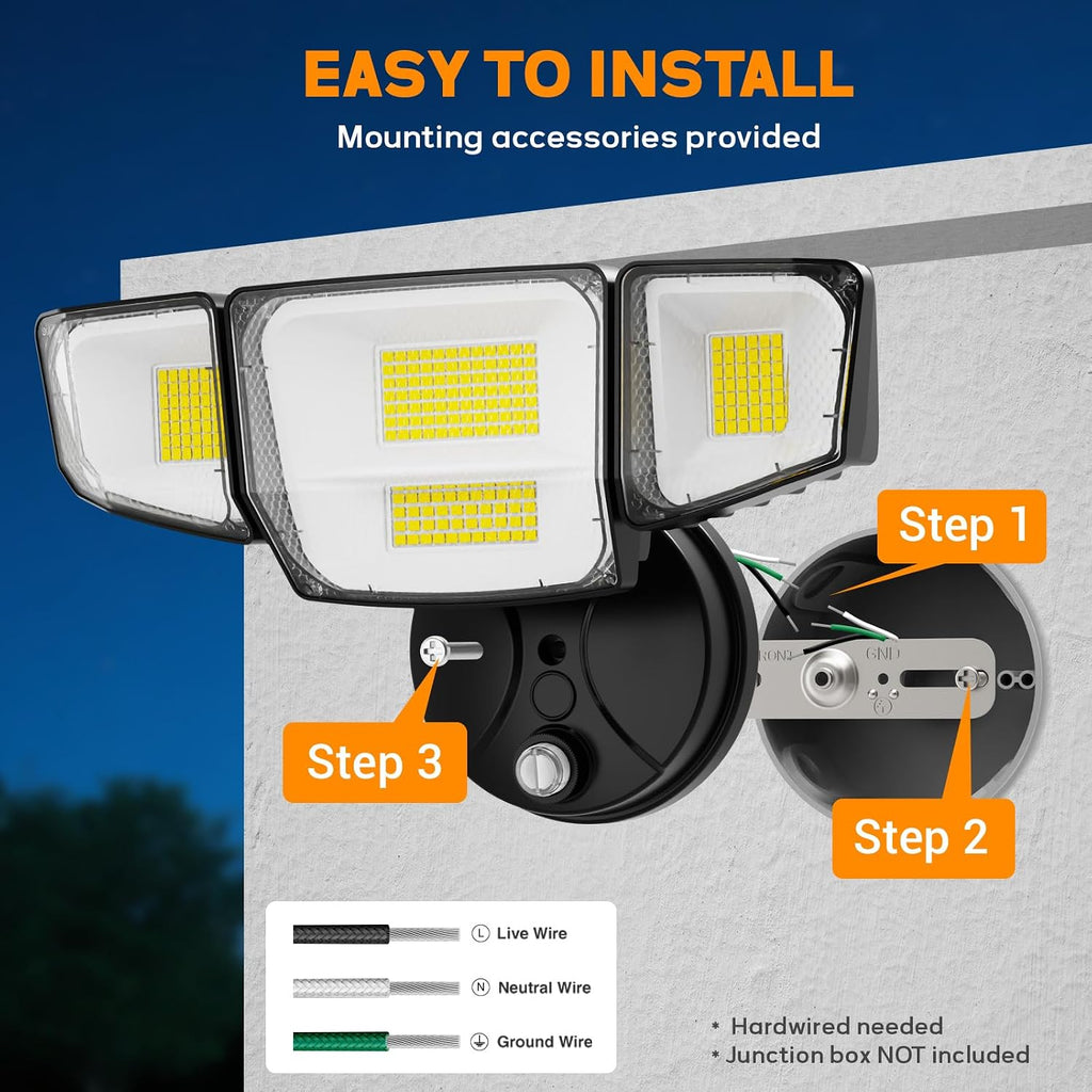 90W Flood Lights Outdoor, 10000LM Dusk to Dawn Outdoor Lighting, IP65 Waterproof, 6500K Daylight, 4 Heads LED