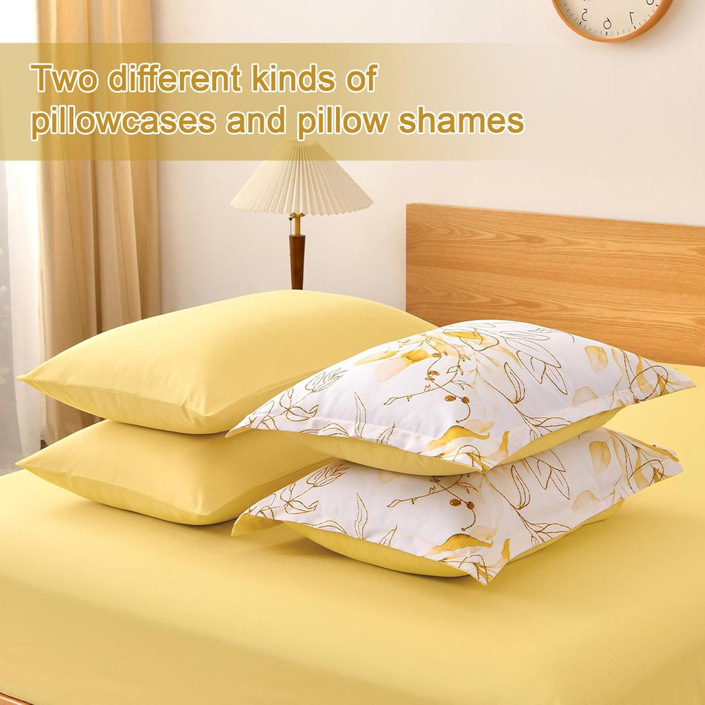 Yellow Botanical Comforter Set Queen, 7 Pieces Floral Bed in a Bag Gloden Leaves Bedding Set Soft Microfiber Queen(1