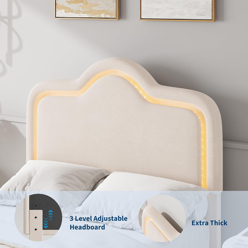Twin Size Upholstered LED Bed Frame with Adjustable Headboard and Footboard, Velvet Princess Platform Bedframe for