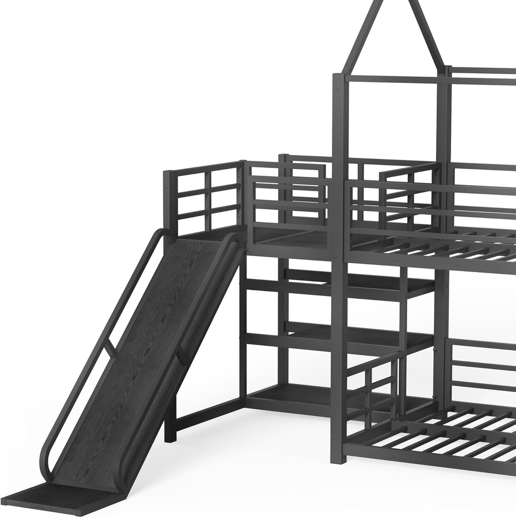 Metal Bunk beds Twin Over Twin with Slide and Storage Stairs, House Floor bunk Bed with guardrail for Kids,Black