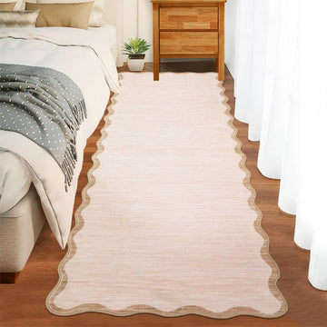 Scalloped Washable Runner Rug Non Slip Kitchen Rugs, Beige