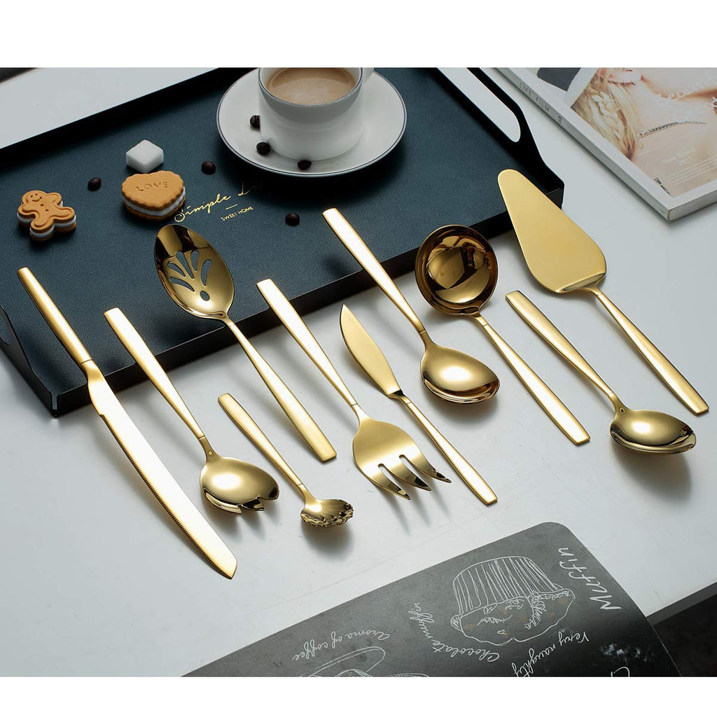 Gold Serving Utensils 10 Pieces, Titanium Golden Plating Serving Spoons, Included Cake Knife Cake Server Serving