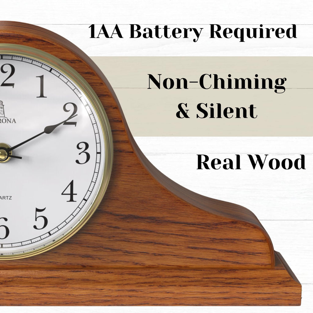 Mantel Clock for Fireplace, Solid Wood Silent Non-Chiming Mantle Clock