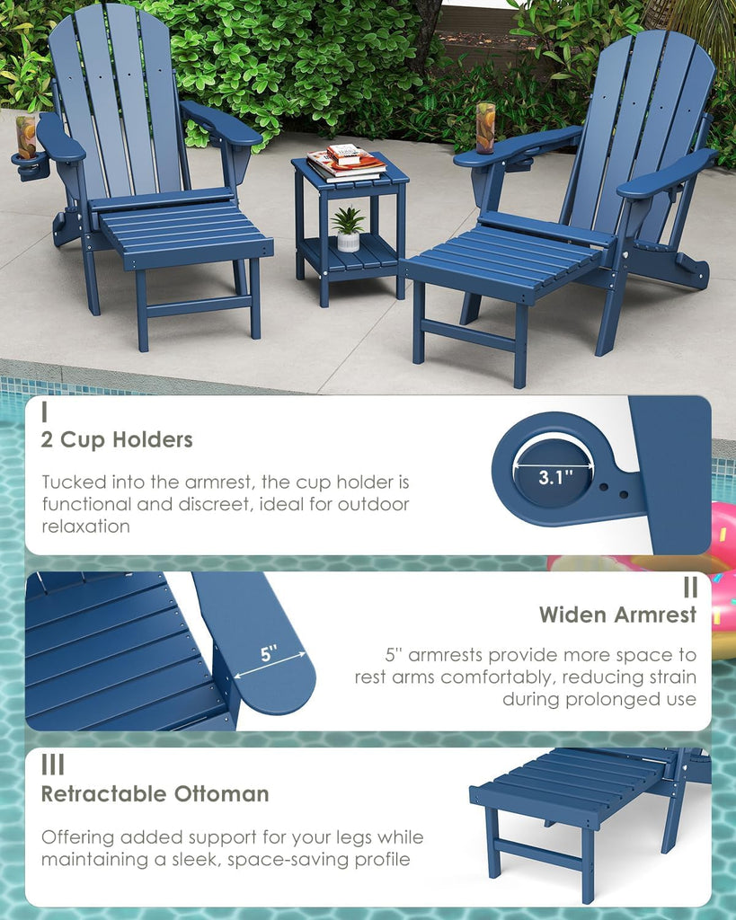 Adjustable Adirondack-Chairs-with-Ottoman Set of 2, HDPE, Blue