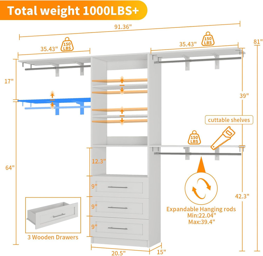 Closet System with 3 Wood Drawers, 5-8FT Closet Organizer System with Cuttable Shelves for Walk in Closet with 3